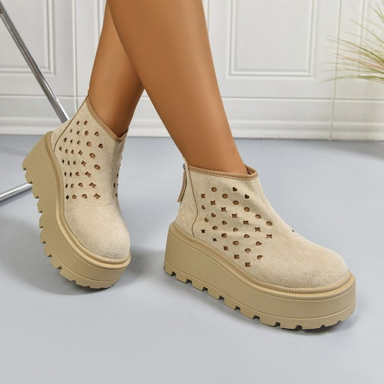 Women's Perforated Platform Ankle Boots, Back Zipper Breathable Wedge Booties, Casual Chunky Sole Cutout Boots