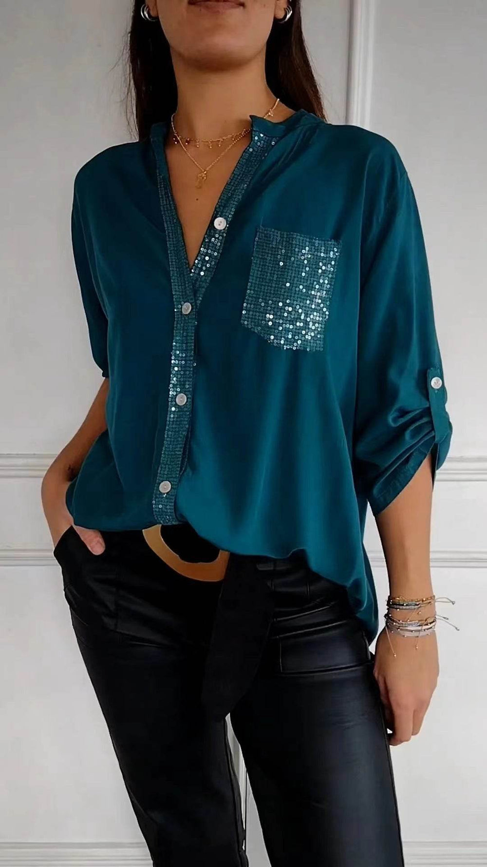 Casual Button-down Long Sleeve Shirt With Sequin Pocket Design Fashion Commuter Top Women Clothing - EX-STOCK Canada