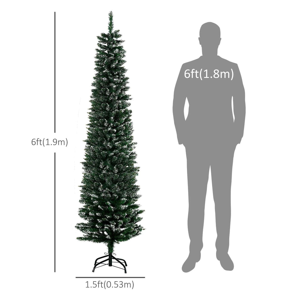 6FT Artificial Snow Dipped Christmas Tree Xmas Pencil Tree Holiday Home Indoor Decoration With Foldable Black Stand, Green EX-STOCK Canada