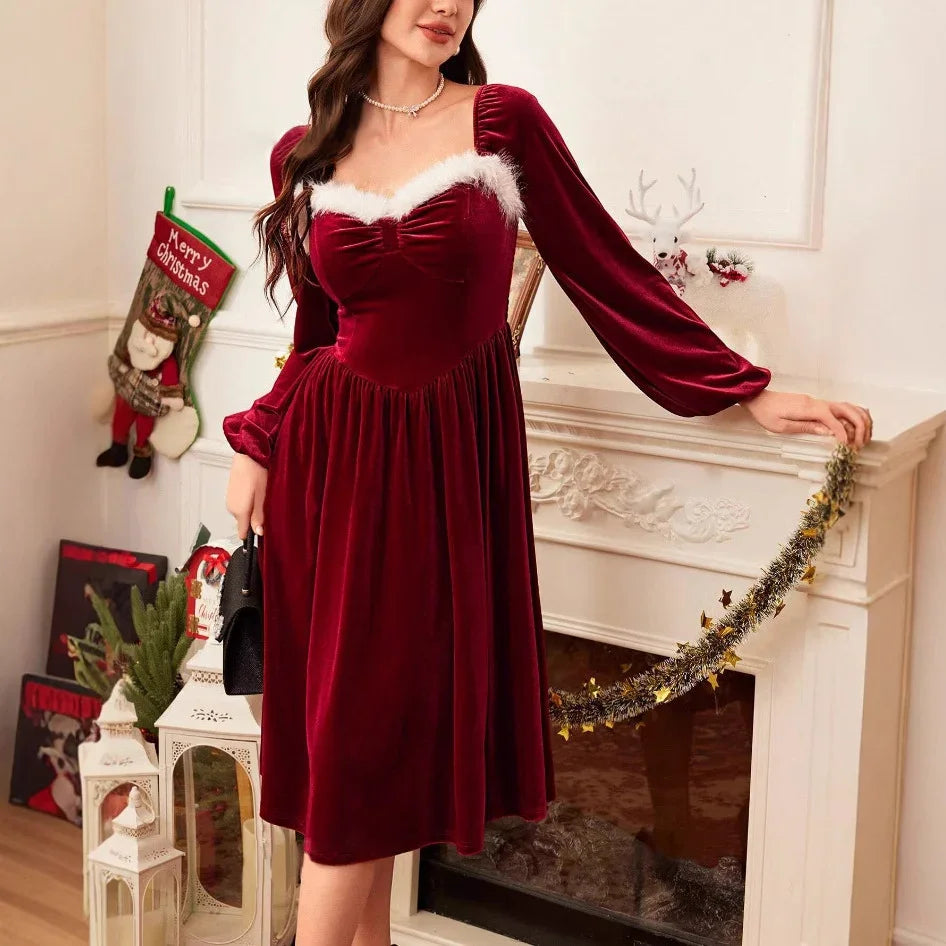 Women's Vintage Christmas Party Long Sleeve Red Velvet Dress Square Collar Dress Elegant Slimming Waist Autumn Women's Clothing EX-STOCK Canada