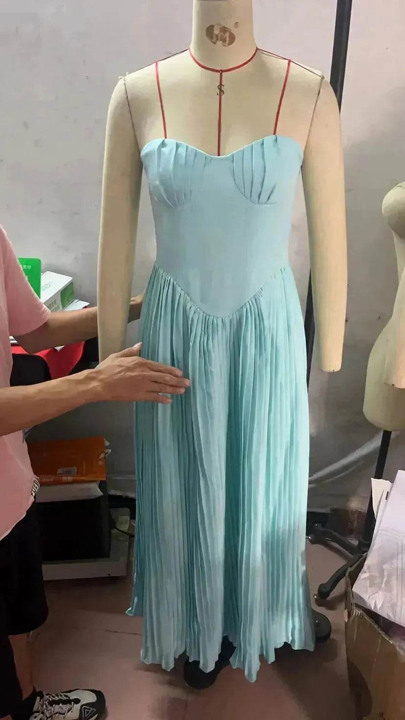 Luxury Blue Strapless Slimming Pleated Long Dress Elegant Tube Dress for Wedding Cocktail Evening Party Events. - EX-STOCK Canada