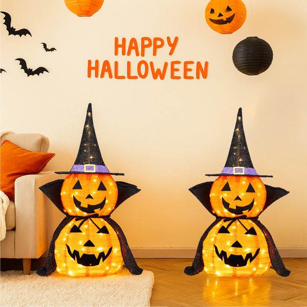 2Packs 3FT Halloween Collapsible Lighted Pumpkin Decoration, 176 LED Pop-Up Pumpkin Lamp With Cape, Plug In Halloween Jack-O-Lantern With Metal Stand For Indoor Outdoor Garden Patio Party Decor - EX-STOCK Canada