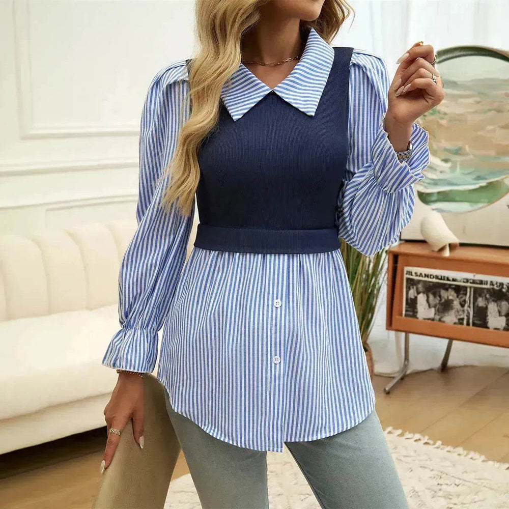 Women's Casual Contrast Color Stitching Long Sleeve Collar Ladies Evening Top - EX-STOCK Canada