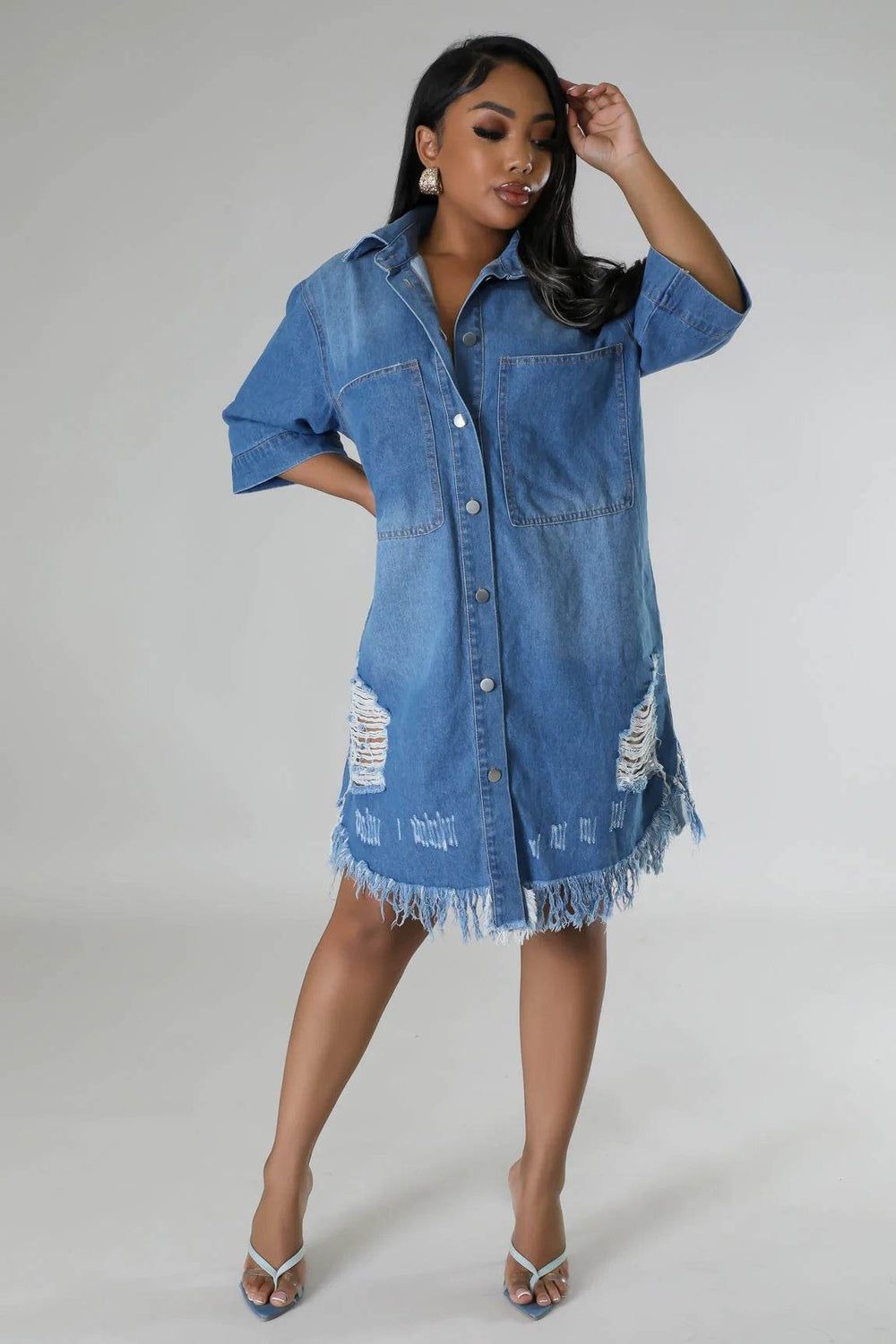 Women's Fashion 3/4 sleeve Mid Length loose Denim Jeans Dress - EX-STOCK Canada