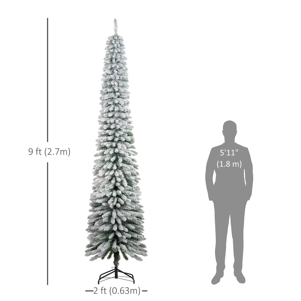 9ft Snow-Flocked Artificial Christmas Tree, Slim Pencil Xmas Tree With 714 Realistic Branches, Metal Base, Green EX-STOCK Canada