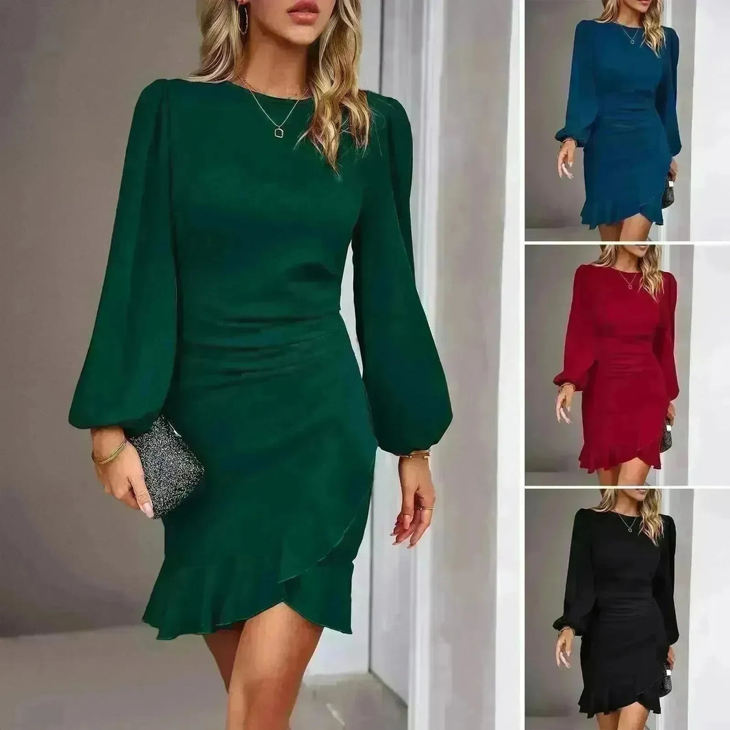 Women's Puff Long Sleeve Fashion Solid Color Bodycon Formal Dress Women Clothing - EX-STOCK CANADA