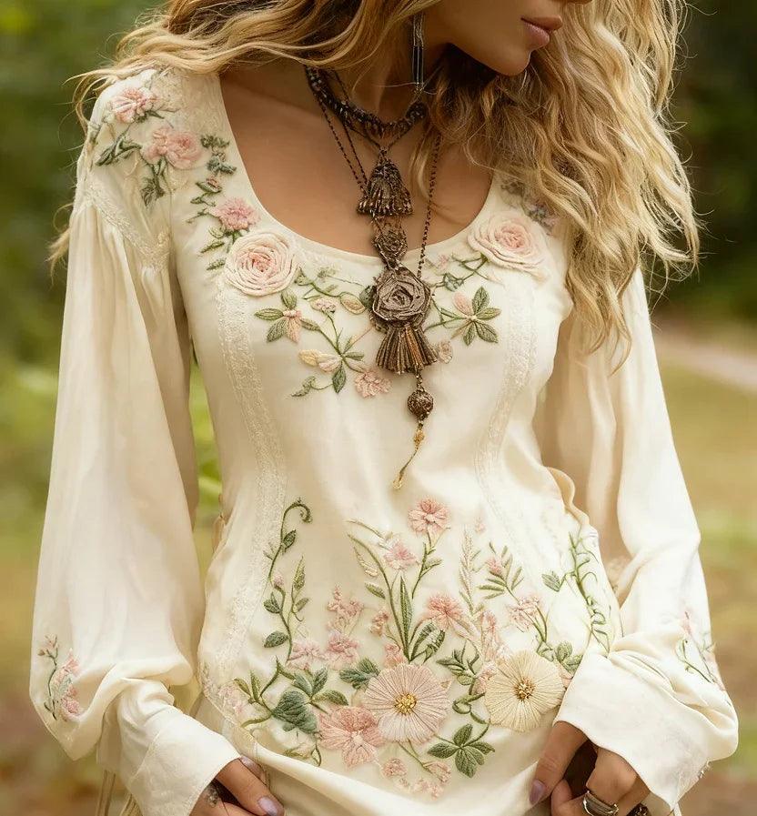 Grass And Flower Embroidered Linen Shirt EX-STOCK Canada