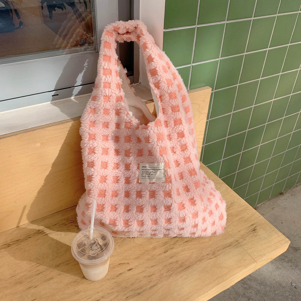 Waffle Flannel Bag Tote Bag Large Capacity Commute Minimalist Student Class Bag - EX-STOCK CANADA