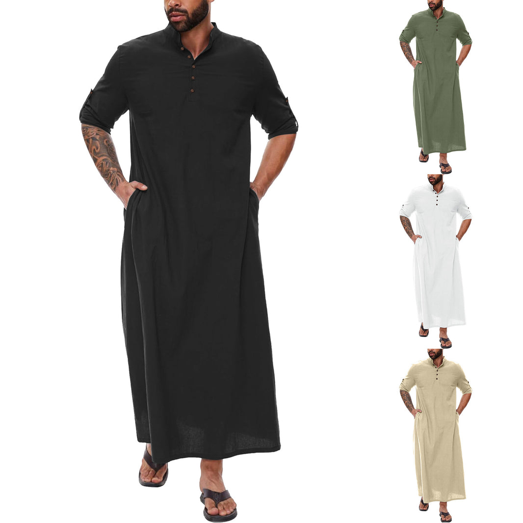 Stand Collar Men’s Cotton & Linen Long Thobe Robe, Muslim Traditional Thoub - EX-STOCK Canada