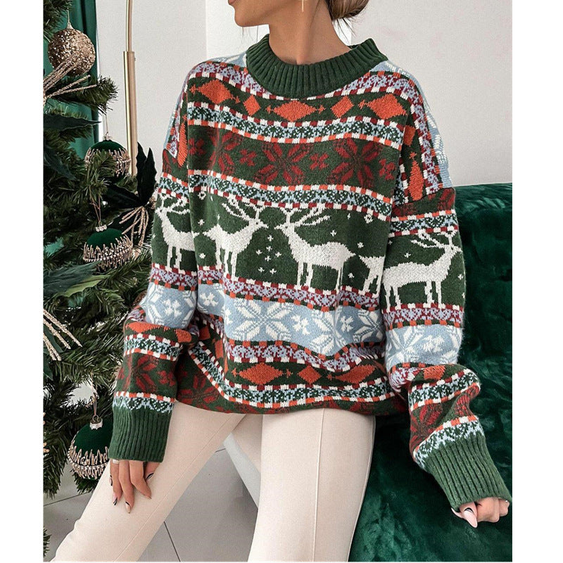 Women's Fashion Round Neck Loose Christmas Theme Jacquard Long Sleeve Sweater EX-STOCK Canada