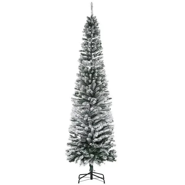 7.5ft Flocked Christmas Tree, Pencil Christmas Tree With Realistic Branch Tips, Folding Metal Stand, Green EX-STOCK Canada