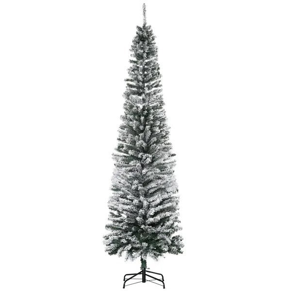 7.5ft Flocked Christmas Tree, Pencil Christmas Tree With Realistic Branch Tips, Folding Metal Stand, Green EX-STOCK Canada