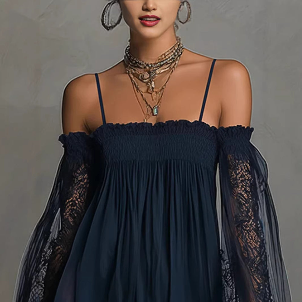 Long-Sleeve Lace Boat Neck Slip Dress