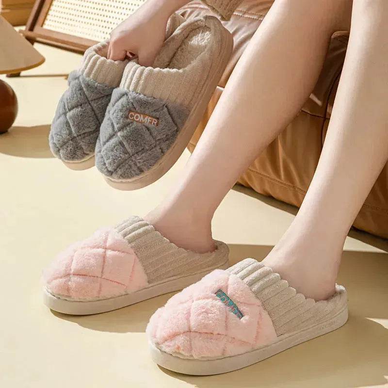 Solid Rhombic Letter Home Slippers Winter Warm Non-slip Floor Bedroom Plush Slipper For Couple House Shoes Women Men - EX-STOCK Canada
