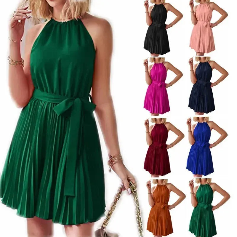 Halter Strapless Dresses For Women Solid Pleated Skirt Summer Beach Sundress - EX-STOCK CANADA