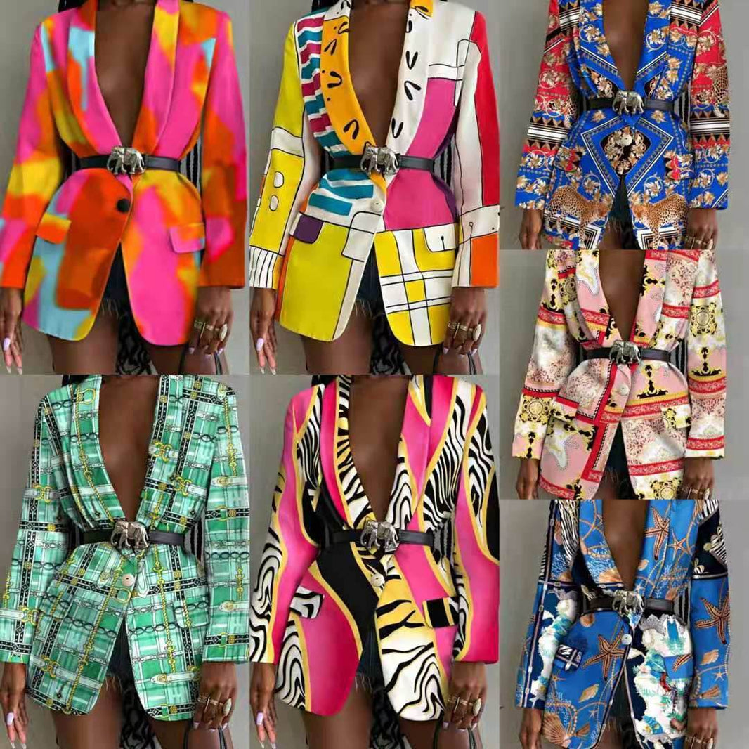 Fashion Printed Shawl Collar Single-breasted Belt Vintage Blazer Women - EX-STOCK Canada