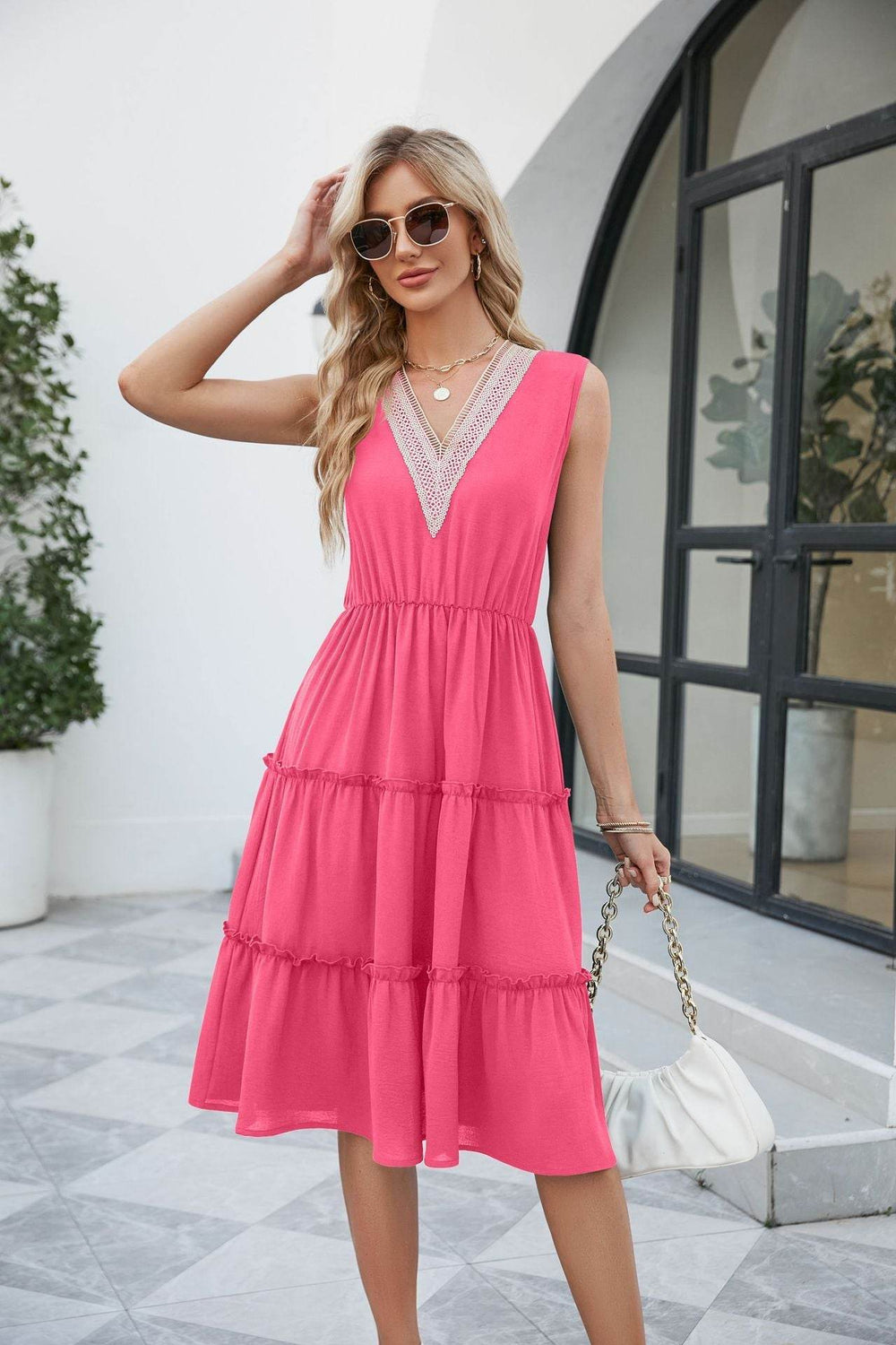 V-neck Dresses Women Sleeveless Pleated Ruffle Elegant Dress Beach Summer - EX-STOCK Canada