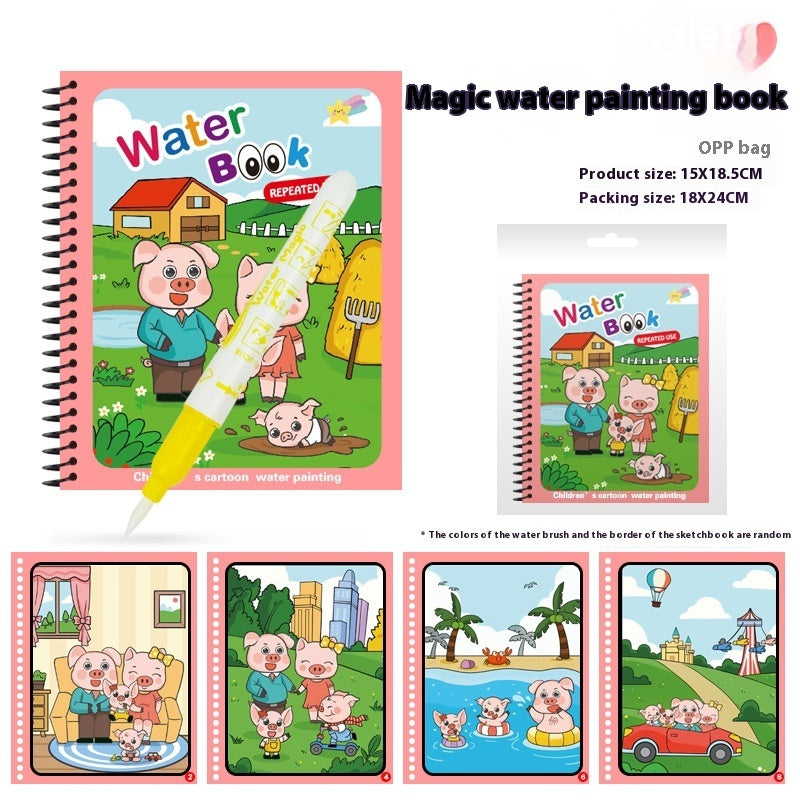 Children's water painting book with cartoon illustrations and a water brush, displayed with product dimensions.