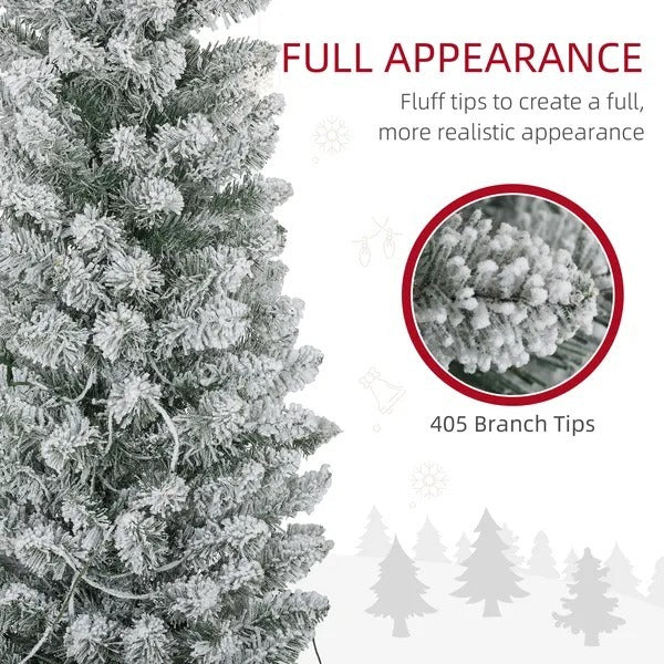 7ft Artificial Prelit Christmas Tree With Warm White LED Light, Snow Flocked Branches, Metal Base, Pencil Xmas Tree EX-STOCK Canada