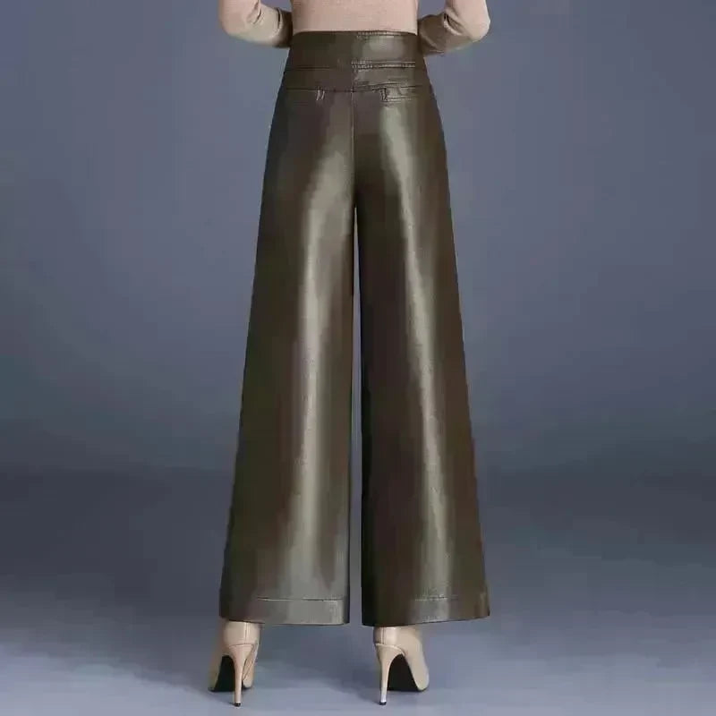 High Waist Thick Loose Big Leg Straight All-matching Wide Leg Leather trouser Pants For Women - EX-STOCK CANADA