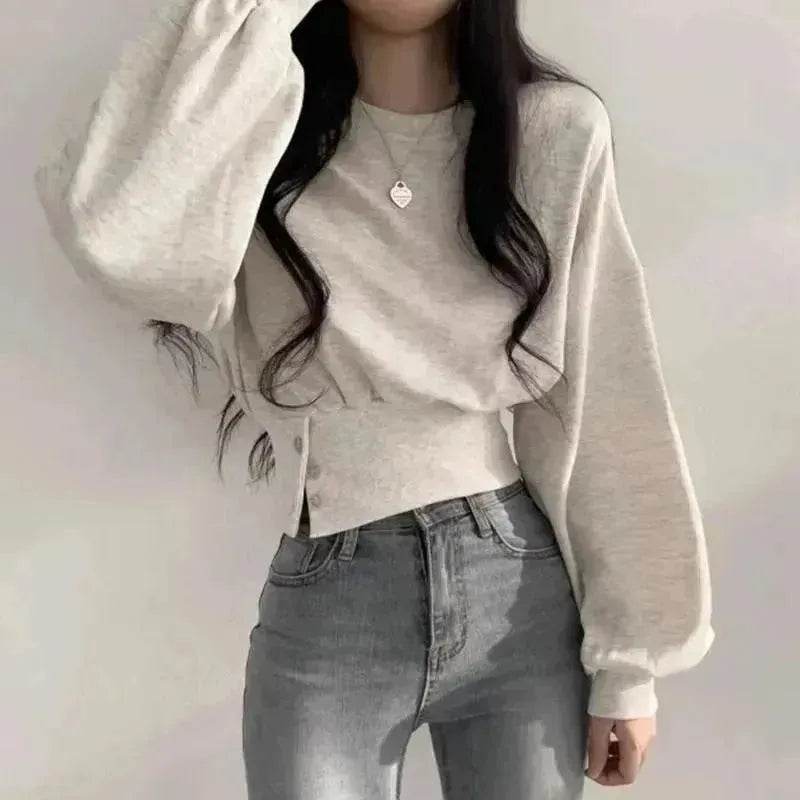 Autumn Crew Neck Button Long Sleeve Short Pullover Sweatshirt Top For Women - EX-STOCK Canada