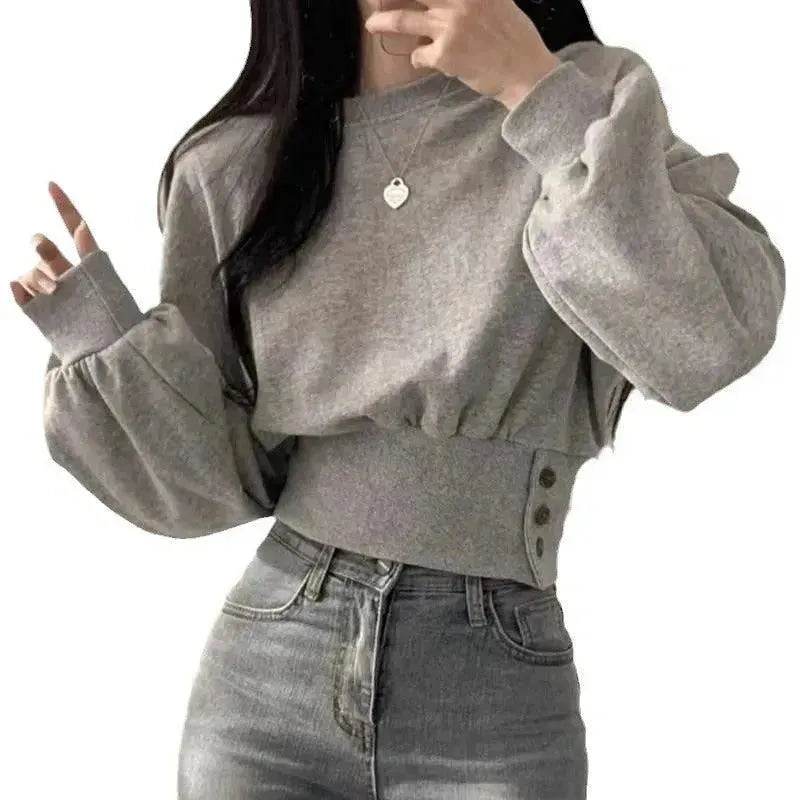 Autumn Crew Neck Button Long Sleeve Short Pullover Sweatshirt Top For Women - EX-STOCK Canada