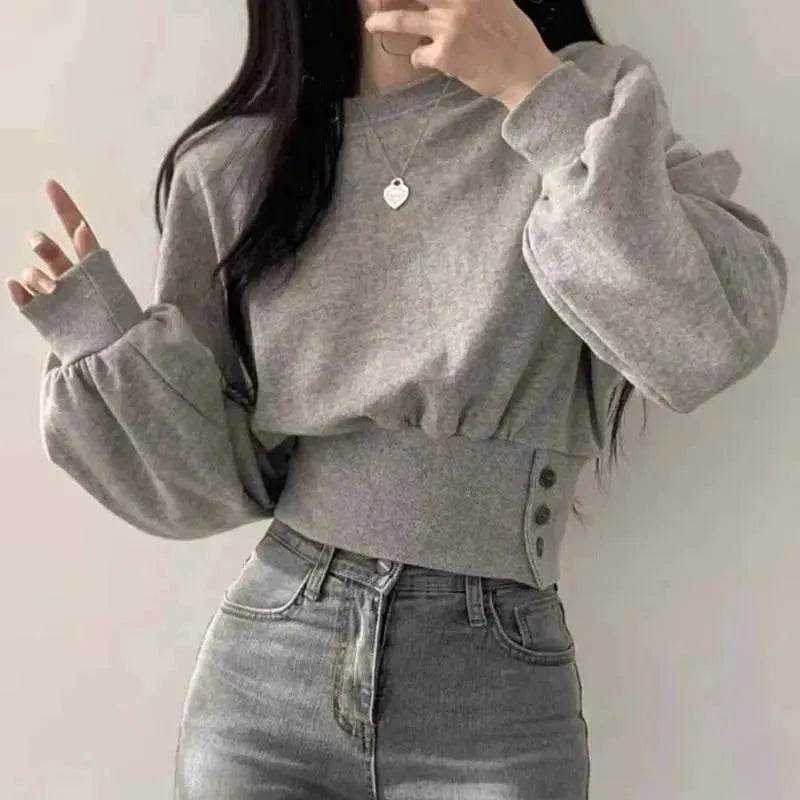 Autumn Crew Neck Button Long Sleeve Short Pullover Sweatshirt Top For Women - EX-STOCK Canada