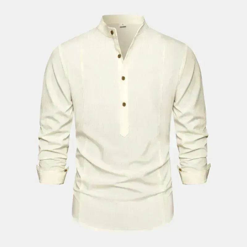 Autumn Solid Color Stand Collar Casual Long Sleeve Cotton And Linen Men's Shirt - EX-STOCK Canada