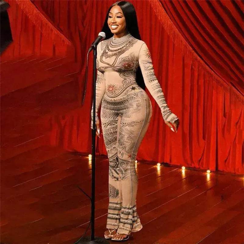 Autumn Women's Street Digital Printed Charming Mesh See-through Tight Jumpsuit - EX-STOCK Canada