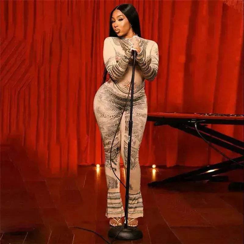 Autumn Women's Street Digital Printed Charming Mesh See-through Tight Jumpsuit - EX-STOCK Canada