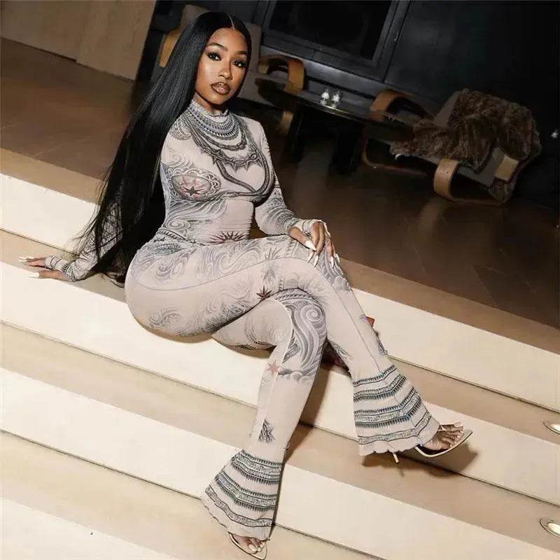 Autumn Women's Street Digital Printed Charming Mesh See-through Tight Jumpsuit - EX-STOCK Canada