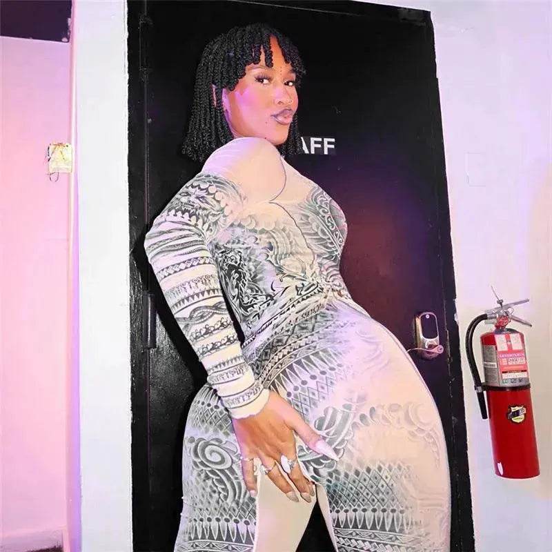 Autumn Women's Street Digital Printed Charming Mesh See-through Tight Jumpsuit - EX-STOCK Canada