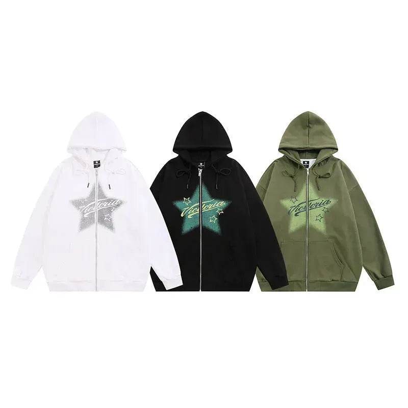 American street Star Printed Hoodie Cardigan unisex for fall winter - EX-STOCK Canada