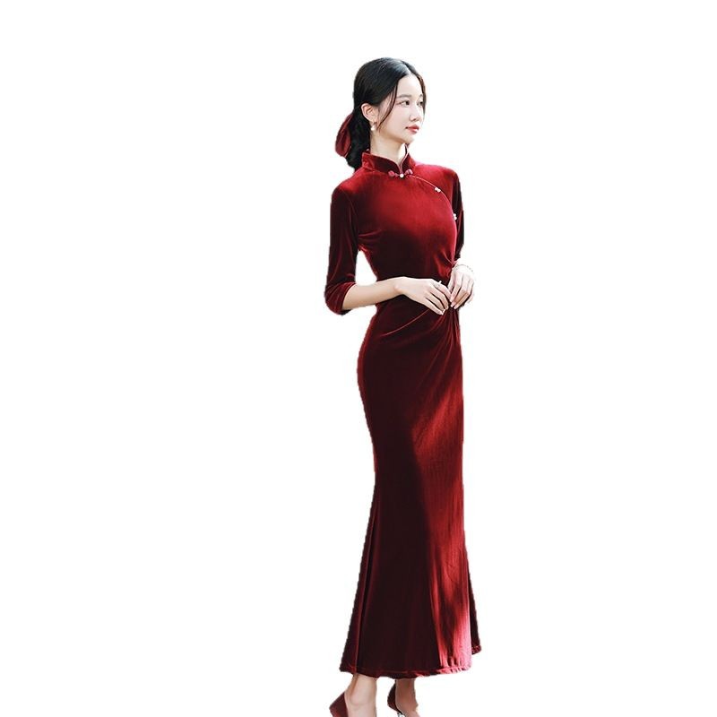 Improved Chinese-style Velvet Embroidered Dress Slim Dress EX-STOCK Canada
