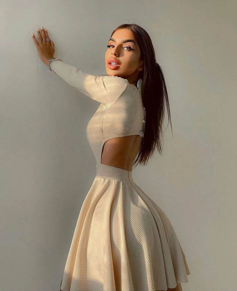 Y2K Long-sleeved Party Club Dress Solid Color Round Neck A-line Mini Skater Dress - EX-STOCK Canada