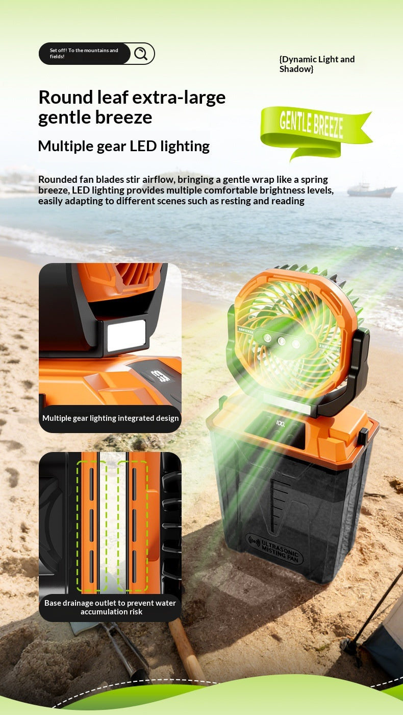 An orange and black portable leaf blower fan shown on a beach with inset feature diagrams and marketing text. The product is highlighted as a 'Round leaf extra-large gentle breeze' with multiple gear LED lighting, shown both in use and with close-up feature callouts.