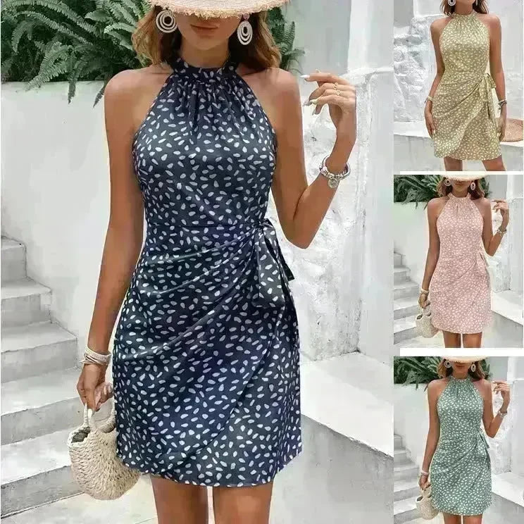 Casual Summer Halter neck Printed Dress With Tied Elegant Ladies High Neck Mini Dress. - EX-STOCK CANADA