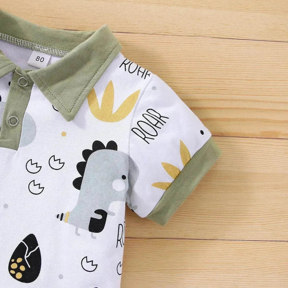 Boy's Little Dinosaur Lapel Cotton Short Sleeve Top Short Pants Suit Two piece for boys. - EX-STOCK Canada