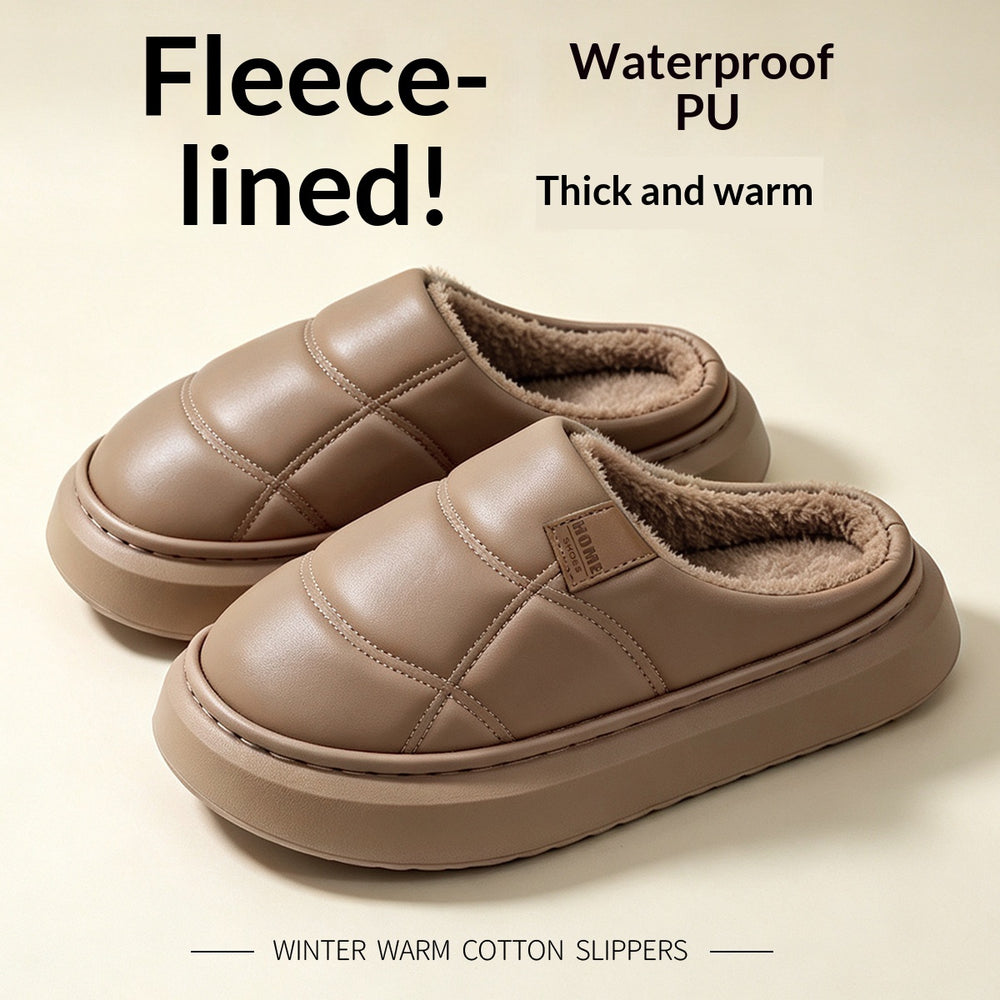 A pair of taupe brown fleece-lined slipper slippers with quilted stitching and a soft inner lining, shown on a light beige background with promotional text overlays.