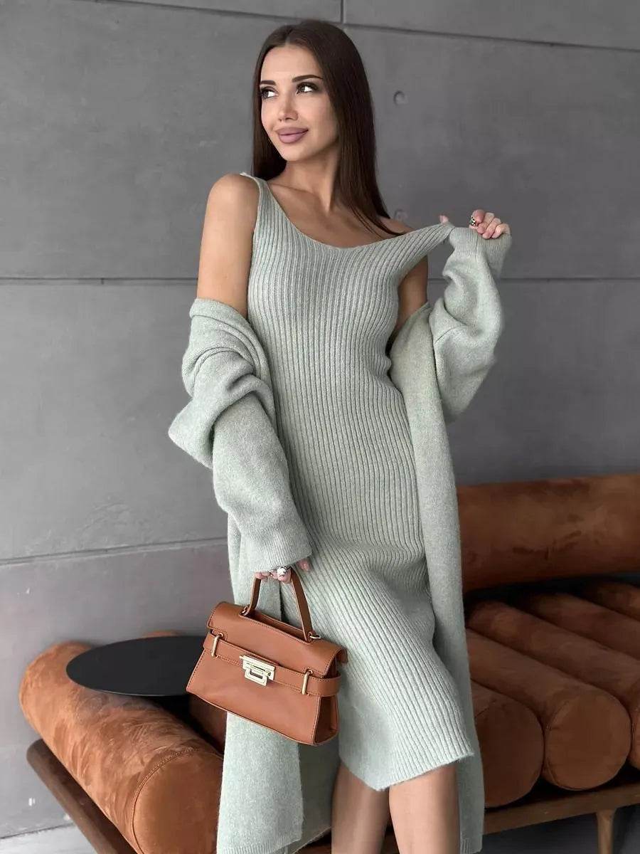 Women 2pcs Winter outfit set Long dress Cashmere Long Cardigan Jacket - EX-STOCK Canada