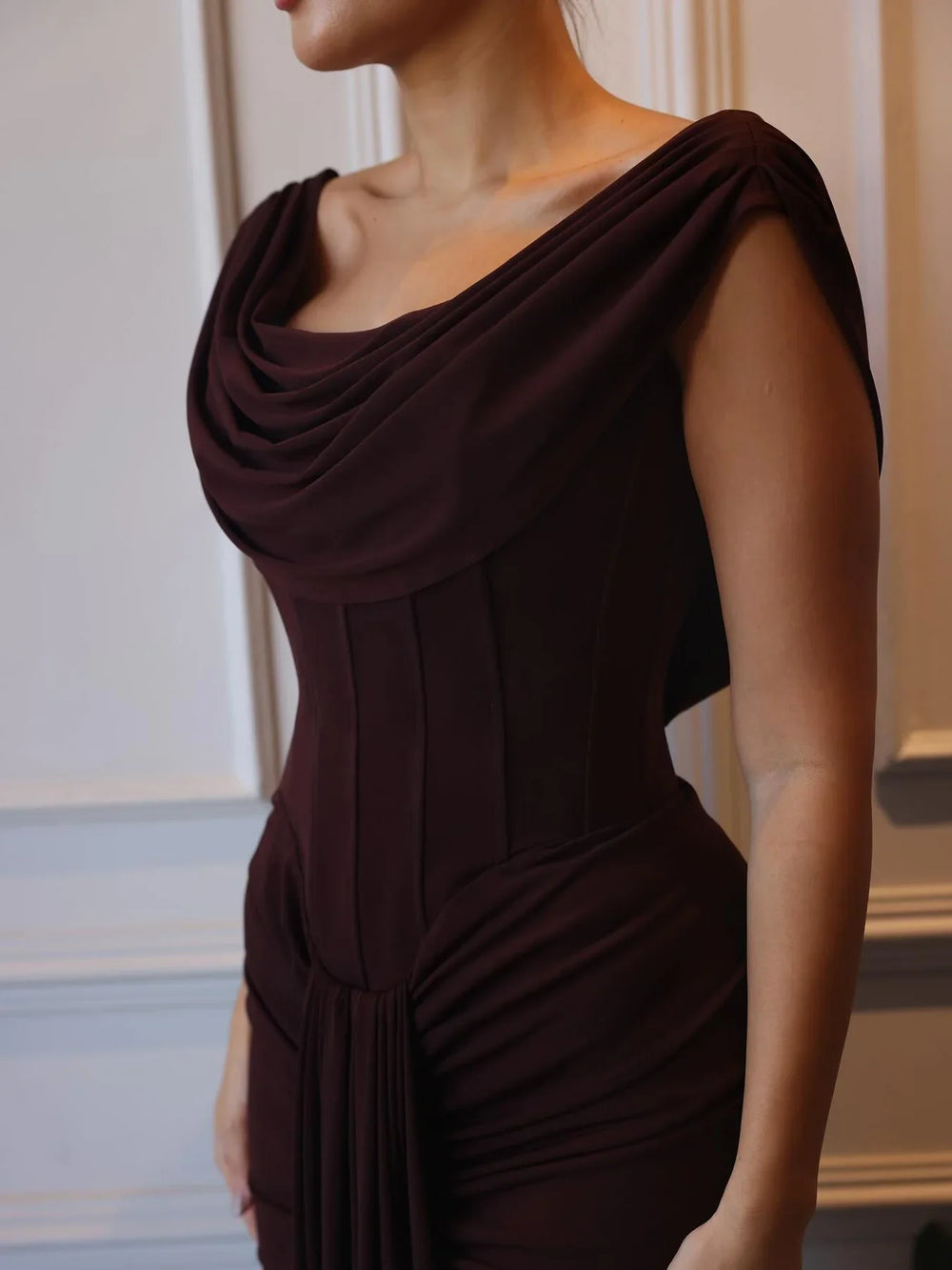 Brown Swoosh Collar Sleeveless Maxi Dress EX-STOCK Canada