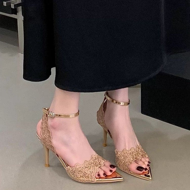 2026 Summer New French Niche Design Women Sandals, Pointed Toe Lace Stiletto High Heel Open Toe Outdoor Shoes