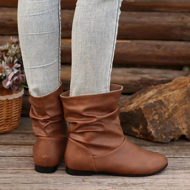 Fashion Round-toed Flat Boots Versatile Simple Slip-on Western Cowboy Boot Casual Short Shoes For Women - EX-STOCK Canada