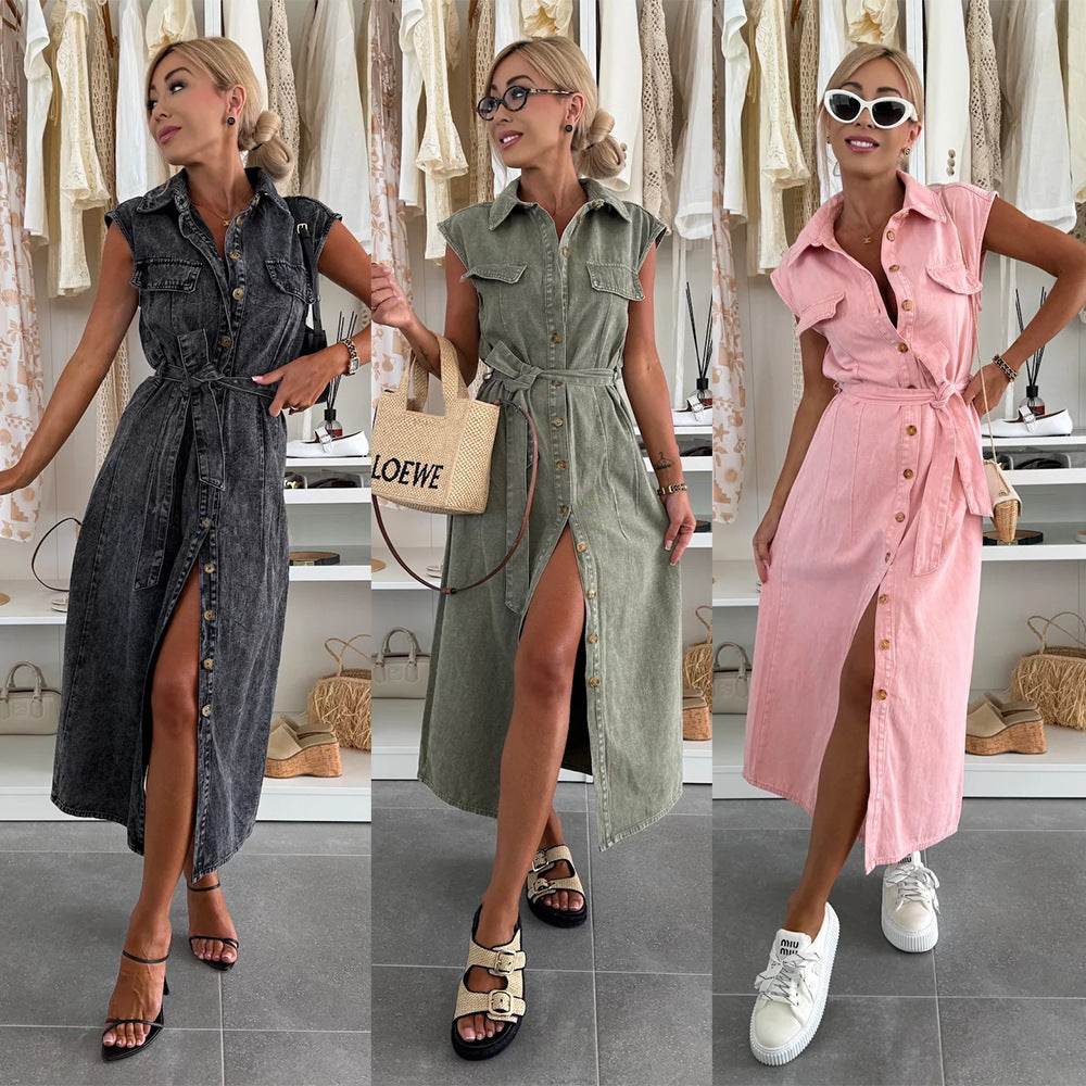 Women's Casual Sleeveless Lace-up Long Dresses Fashion Pockets Solid Party Office Elegant Lapel Single Breasted Denim Dress Summer EX-STOCK CANADA