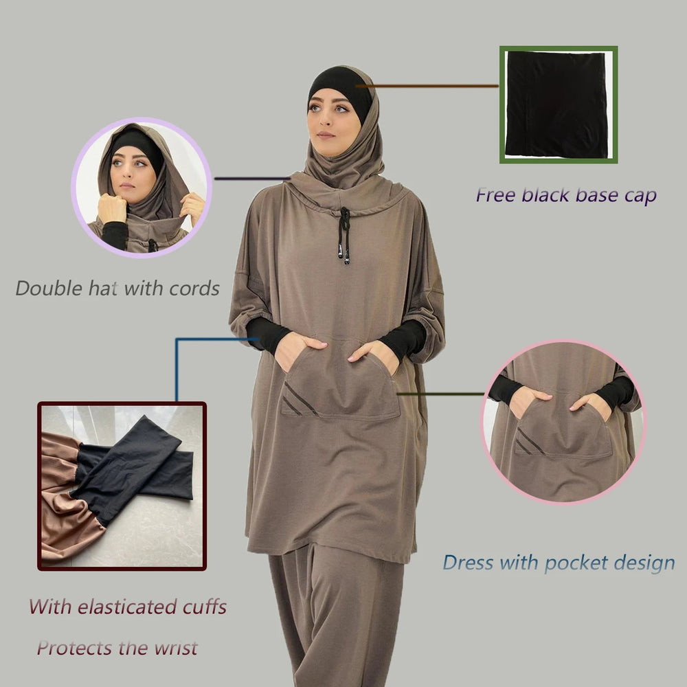 Ensemble de sport deux pièces arabe du Moyen-Orient avec capuche, cordon et poche, couleur unie - EX-STOCK Canada