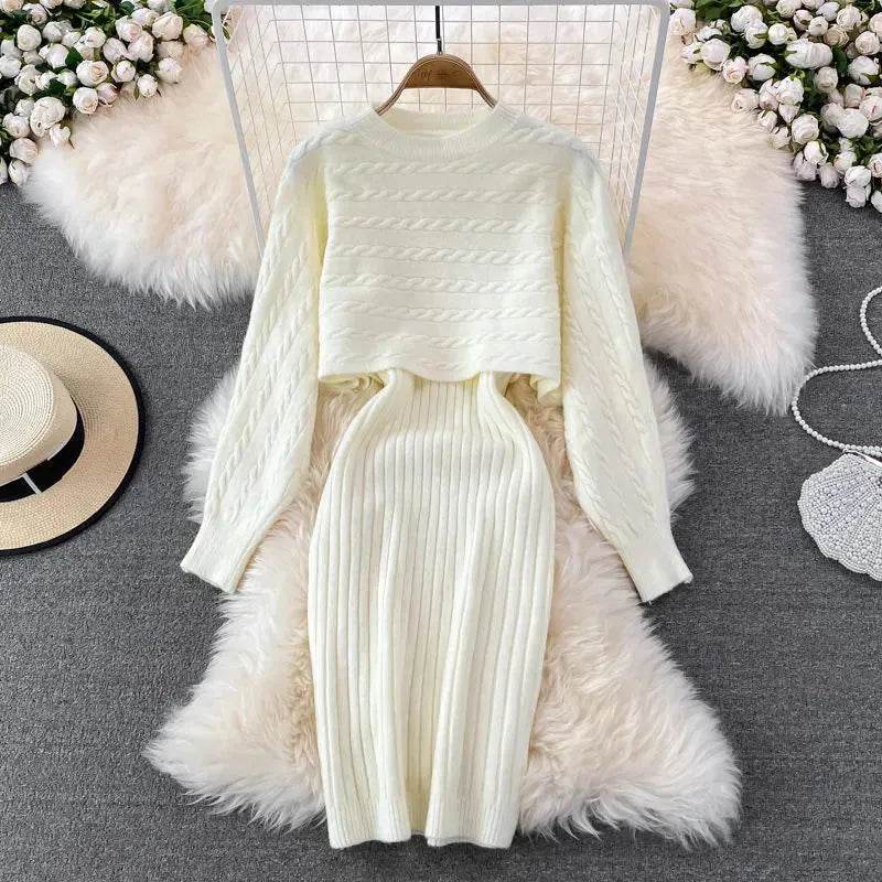 Autumn Winter Sassy Woolen Knitted Two Piece Midi Sweater Dress Outfit set - EX-STOCK Canada