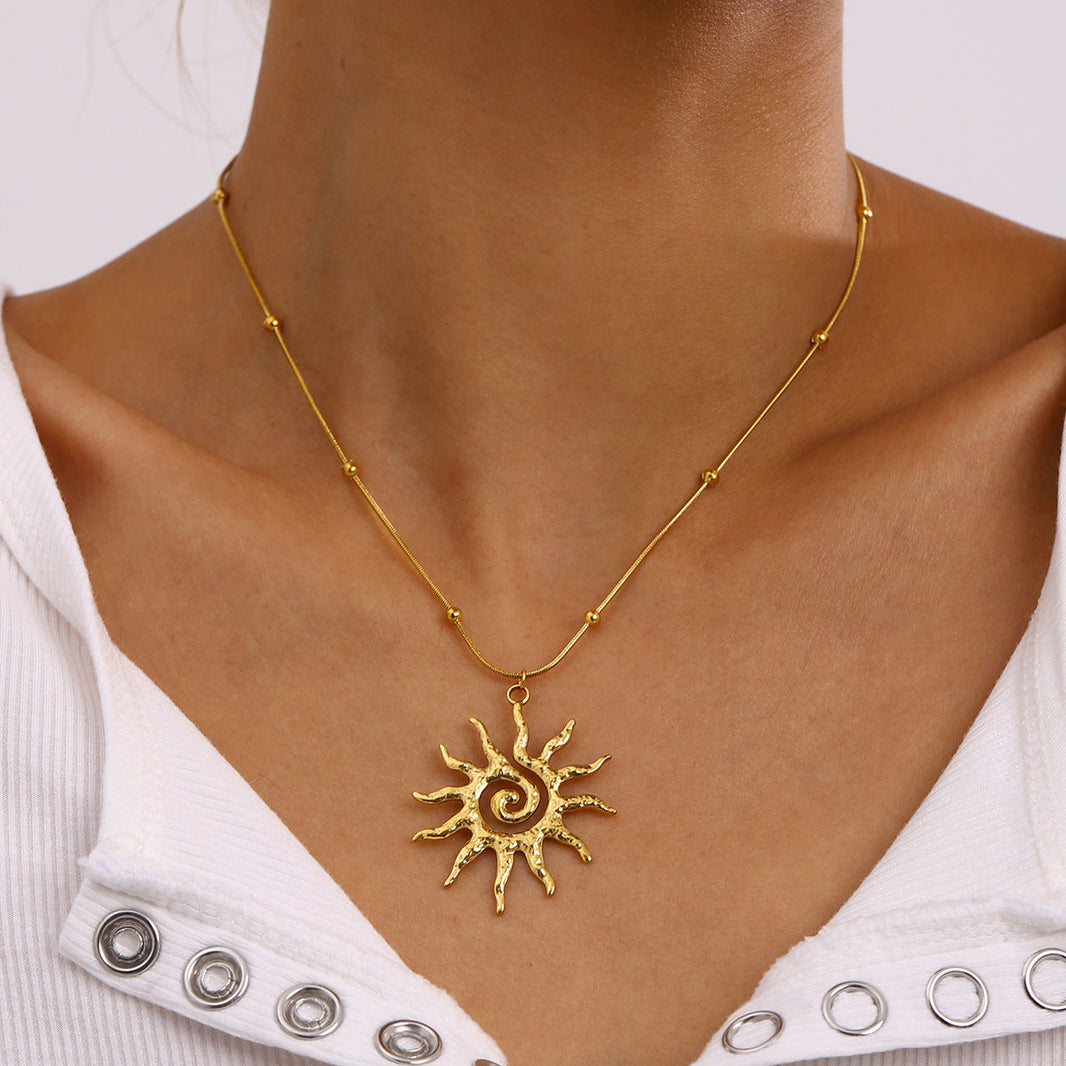 Stainless Steel Hammered Spiral Sun Pendant Necklace EX-STOCK