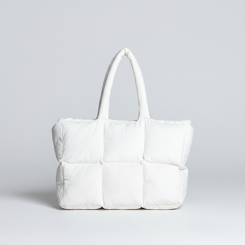 Soft Down Quilted Puffer Tote Handbag for Women – Cotton-Filled | White & Black