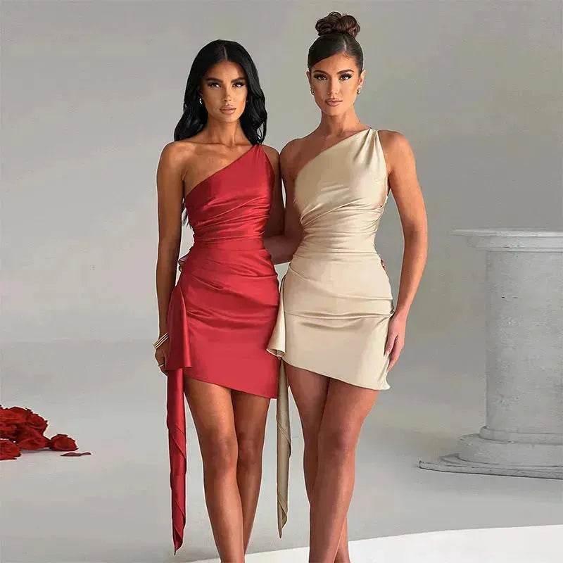 One-shoulder Sleeveless Mini Dress Charming Slim Backless Party Wedding Satin Dresses Womens Clothing - EX-STOCK Canada
