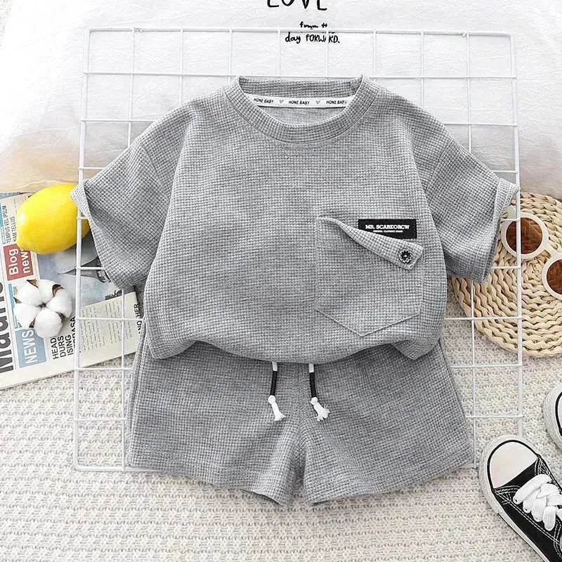 Children's Summer Clothing Casual Plain color Cotton Short Sleeve shirt and Short pant Two-piece Set - EX-STOCK Canada